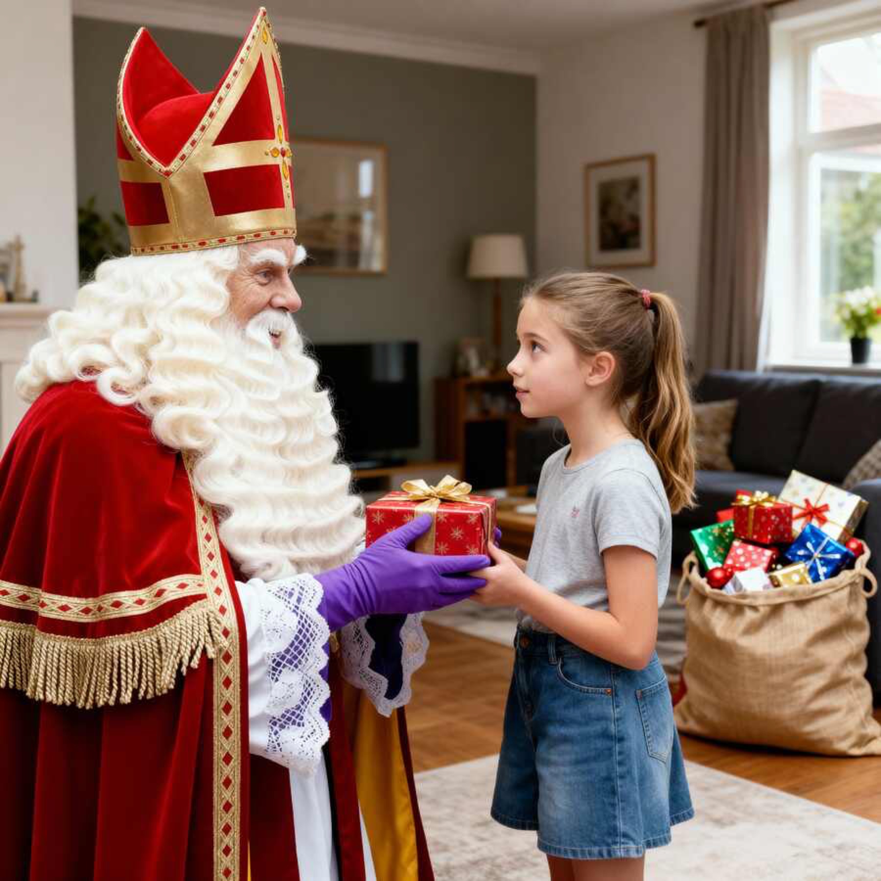 Sinterklaas overhandigt een cadeau aan een kind