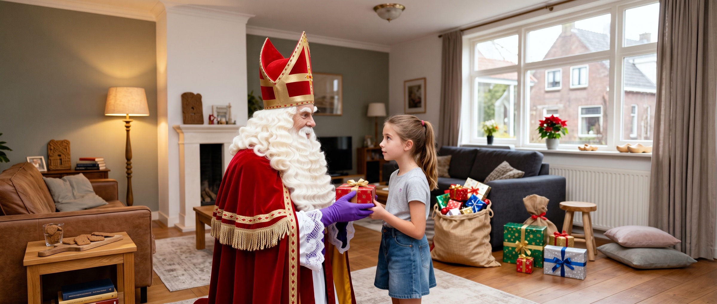 Sinterklaas geeft een cadeautje aan een kind in de huiskamer