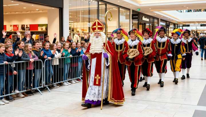 Sinterklaas en zijn pieten tijdens een intocht in een winkelcentrum