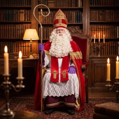 Sint-kostuum-A van De Sintspecialist, gedragen in een klassieke boekenkamer