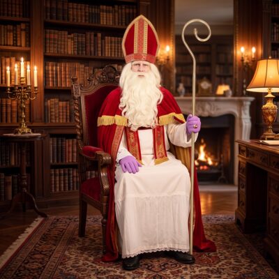 Sint-kostuum-B van De Sintspecialist, gedragen in een klassieke boekenkamer