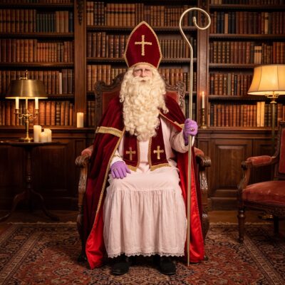 Sint-kostuum-C van De Sintspecialist, gedragen in een klassieke boekenkamer