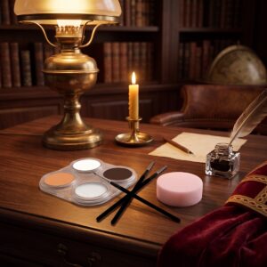 Sinterklaas schminkset van De Sintspecialist met palet, twee kwastjes en spons, op het antieke bureau van Sinterklaas